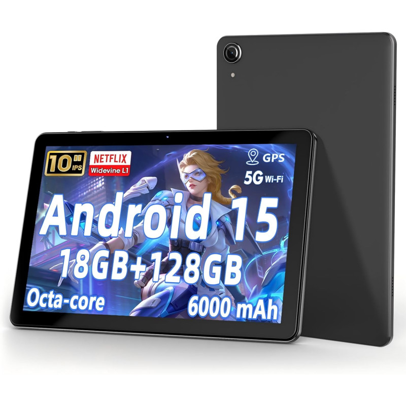 Tablette 10 Pouces Android 15 : 18 Go de RAM + 128 Go de ROM (Extensible jusqu'à 1 to), processeur Octa-Core, écran HD IPS 1280×