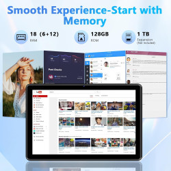 Tablette 10 Pouces Android 15 : 18 Go de RAM + 128 Go de ROM (Extensible jusqu'à 1 to), processeur Octa-Core, écran HD IPS 1280×