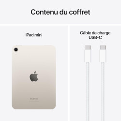Apple iPad Mini (A17 Pro) : Écran Liquid Retina 8,3 Pouces, 128 Go, Wi-FI 6E, caméras Avant/arrière 12 Mpx, Touch ID, autonomie 