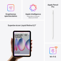 Apple iPad Mini (A17 Pro) : Écran Liquid Retina 8,3 Pouces, 512 Go, Wi-FI 6E, caméras Avant/arrière 12 Mpx, Touch ID, autonomie 