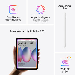 Apple iPad Mini (A17 Pro) : Écran Liquid Retina 8,3 Pouces, 256 Go, Wi-FI 6E et connectivité cellulaire 5G, caméras Avant/arrièr