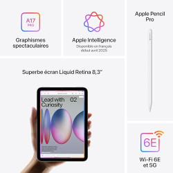 Apple iPad Mini (A17 Pro) : Écran Liquid Retina 8,3 Pouces, 512 Go, Wi-FI 6E et connectivité cellulaire 5G, caméras Avant/arrièr