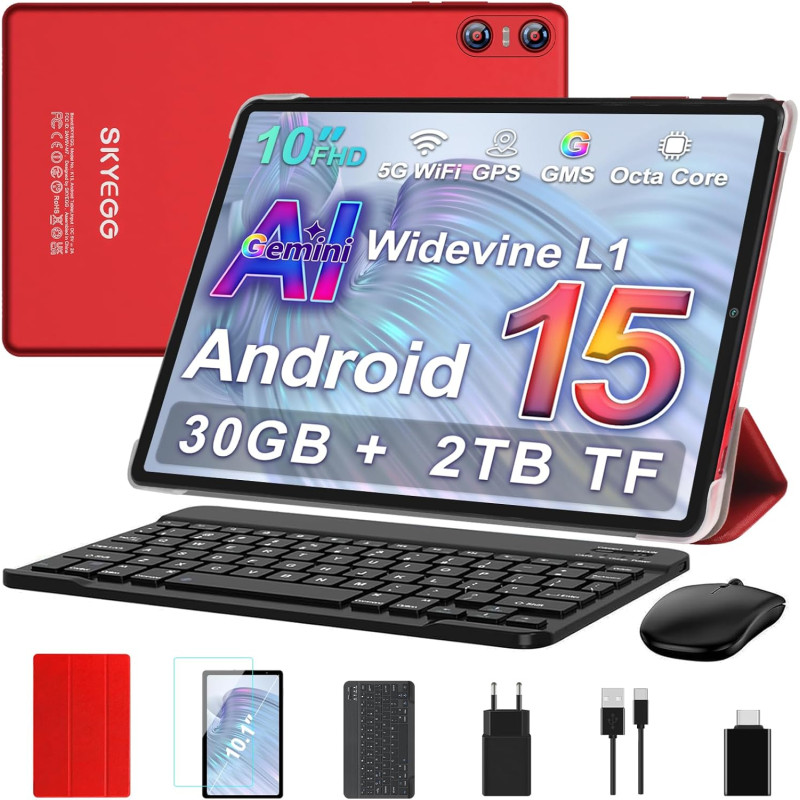 Android 15 Tablette 10 Pouces avec Gemini AI, 30 Go RAM + Extensible Jusqu'à 2 to ROM, Widevine L1, Octa-Core, 5G WiFi, 6000 mAh