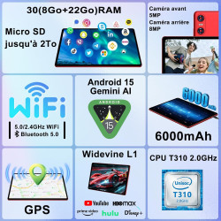 Android 15 Tablette 10 Pouces avec Gemini AI, 30 Go RAM + Extensible Jusqu'à 2 to ROM, Widevine L1, Octa-Core, 5G WiFi, 6000 mAh