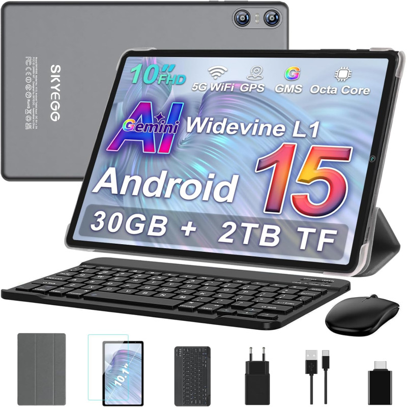 Android 15 Tablette 10 Pouces avec Gemini AI, 30 Go RAM + Extensible Jusqu'à 2 to ROM, Widevine L1, Octa-Core, 5G WiFi, 6000 mAh