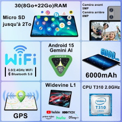 Android 15 Tablette 10 Pouces avec Gemini AI, 30 Go RAM + Extensible Jusqu'à 2 to ROM, Widevine L1, Octa-Core, 5G WiFi, 6000 mAh