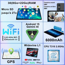 Android 15 Tablette 10 Pouces avec Gemini AI, 30 Go RAM + Extensible Jusqu'à 2 to ROM, Widevine L1, Octa-Core, 5G WiFi, 6000 mAh