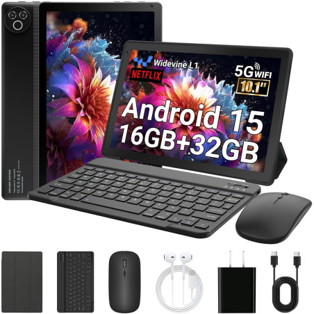 Android 15 tablette 10 pouces avec 32 go rom+1 to tf, 5000 mah, wifi 6, bleutooth 5.4, tablette tactile avec étuis de protection
