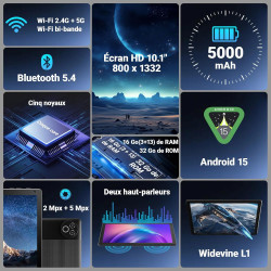 Android 15 tablette 10 pouces avec 32 go rom+1 to tf, 5000 mah, wifi 6, bleutooth 5.4, tablette tactile avec étuis de protection