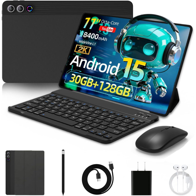 Tablette 11 Pouces, Android 15 Tablette avec 30GO RAM+128GO ROM+1 to TF, 8400 mAh, 2K, 8MP+13MP, Tablette Tactile avec étuis de 