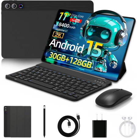 Tablette 11 Pouces, Android 15 Tablette avec 30GO RAM+128GO ROM+1 to TF, 8400 mAh, 2K, 8MP+13MP, Tablette Tactile avec étuis de 