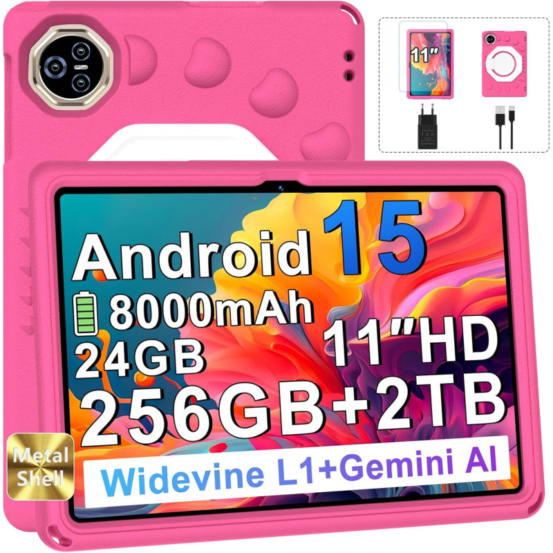 Tablette 11 Pouces Android 15, 24Go+256Go/2To, Octa-Core, Gemini AI/Widevine L1, 8000 mAh, 13MP+5MP, Boîtier Métallique, Grande 