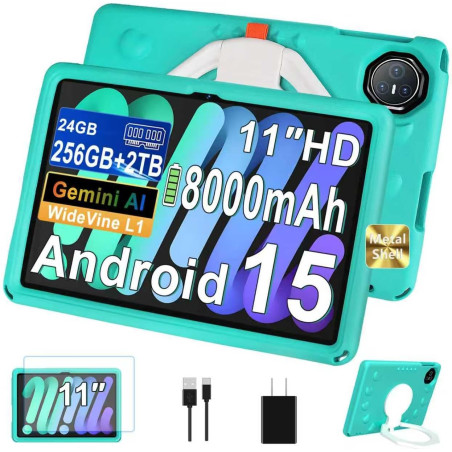 Tablette 11 Pouces, Android 15 Tablet pour Enfants, 24GO RAM+256GO ROM 2TO, Octa-Core UFS 2.2, 8000mAh WiFi 6, Widevine L1 GMS C