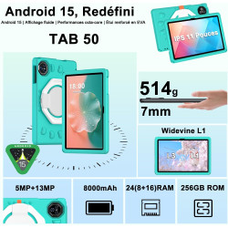 Tablette 11 Pouces, Android 15 Tablet pour Enfants, 24GO RAM+256GO ROM 2TO, Octa-Core UFS 2.2, 8000mAh WiFi 6, Widevine L1 GMS C