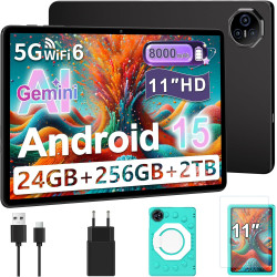 Tablette 11 Pouces Android 15, 24Go+256Go/2To, Octa-Core, Gemini AI/Widevine L1, 8000 mAh, 13MP+5MP, Boîtier Métallique, Grande 