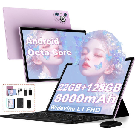 2026 Tablette Android - 10.1 Pouces, 128Go + TF 1To,22Go RAM(6+16) Écran IPS HD, Octa-Core 8000mAh, WiFi 5G, Caméra 8MP+5MP, Cor