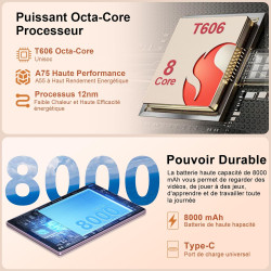 2026 Tablette Android - 10.1 Pouces, 128Go + TF 1To,22Go RAM(6+16) Écran IPS HD, Octa-Core 8000mAh, WiFi 5G, Caméra 8MP+5MP, Cor