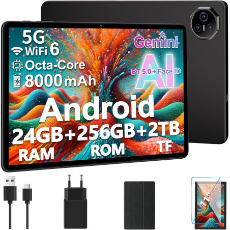 Tablette 11 Pouces Android, Tablet Tactile, 24Go + 256Go, TF 1TB Extensible, 8000 mAh, UFS 2.2 Flash | 13MP + 5MP | Face ID | Wi