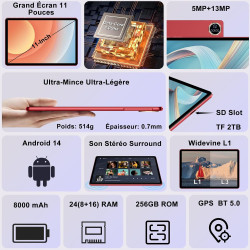 2026 Tablette 24Go RAM + 256Go (UFS 2.2), Écran Tactile 11 Pouces Android, 8000mAh, Extensible 2To, Widevine L1 GMS Certifié, 8-