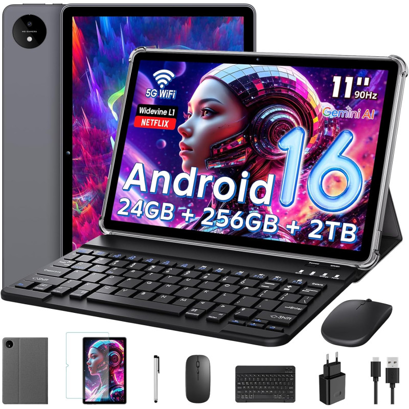 11 Pouces Tactile Android 16 Tablette avec Gemini AI,T7250 Octa-Core|24Go RAM+256Go ROM(TF 2To)|16MP+8MP|1920x1200 IPS HD Displa