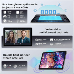 11 Pouces Tactile Android 16 Tablette avec Gemini AI,T7250 Octa-Core|24Go RAM+256Go ROM(TF 2To)|16MP+8MP|1920x1200 IPS HD Displa