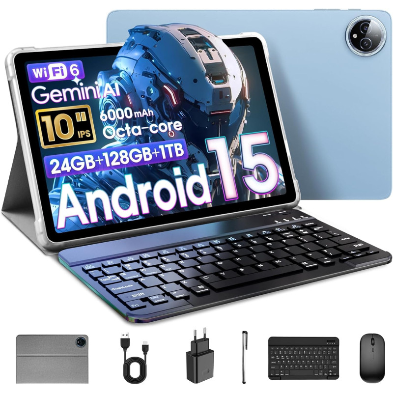 Raemond 10 Pouces Android 15 Tablette avec Clavier, 24GB RAM + 128GB ROM (TF 1To), T615 Octa-Core, 1280x800 écran IPS HD,WiFi 6,