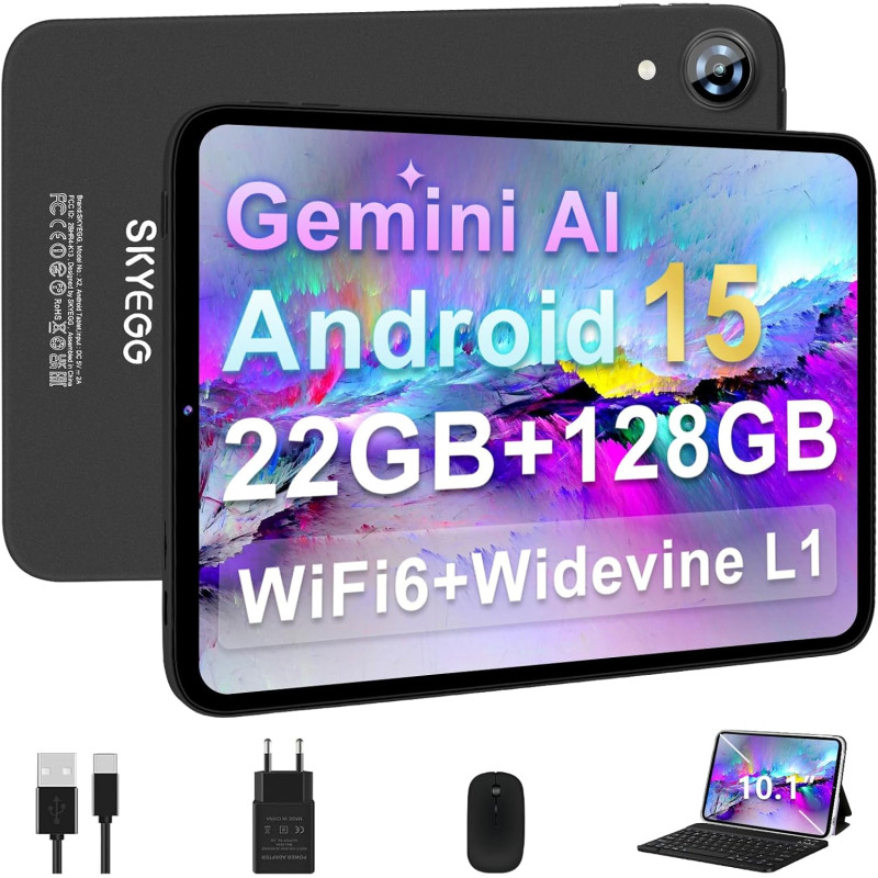 Android 15 Tablette 10 Pouces avec Gemini AI, 22Go RAM+ 128Go ROM(Extension de 2To), Octa-Core, WiFi 6 BT 5.0, Widevine L1, 6000