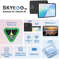 Android 15 Tablette 10 Pouces avec Gemini AI, 22Go RAM+ 128Go ROM(Extension de 2To), Octa-Core, WiFi 6 BT 5.0, Widevine L1, 6000