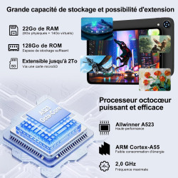 Android 15 Tablette 10 Pouces avec Gemini AI, 22Go RAM+ 128Go ROM(Extension de 2To), Octa-Core, WiFi 6 BT 5.0, Widevine L1, 6000
