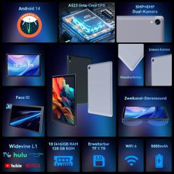 Tablet 10 inch Android Tablet Octa Core 10 GB RAM 128 GB ROM 1280 * 800 HD IPS Touchscreen Dual Kamera WiFi 6 BT 5.3 5000 mAh Ak