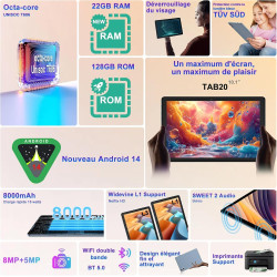 Tablette Android, 10.1" FHD - Coque en Métal, 【22Go RAM】+ 128Go ROM/TF 1To, Widevine L1, 8000mAh, Tablette Tactile Caméra 5+8MP,