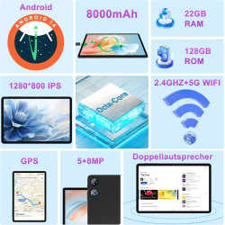 Android tablette 10 pouces gemini ai, tactile 22go ram+128go rom(tf 2to),8000mah 5g+2.4g wifi 6, octa-core, 2.0 ghz, widevine l1