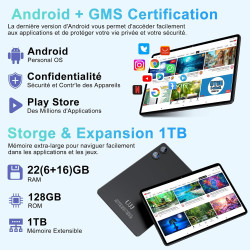 Android tablette 10 pouces gemini ai, tactile 22go ram+128go rom(tf 2to),8000mah 5g+2.4g wifi 6, octa-core, 2.0 ghz, widevine l1