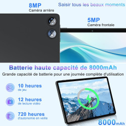 Android tablette 10 pouces gemini ai, tactile 22go ram+128go rom(tf 2to),8000mah 5g+2.4g wifi 6, octa-core, 2.0 ghz, widevine l1