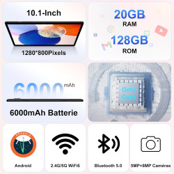 Tablette android avec 20go ram + 128go rom(tf/2to),tablettes 10 pouces avec octa-core, 6000mah, 5g/2.4g wifi 6, widevine l1, gms