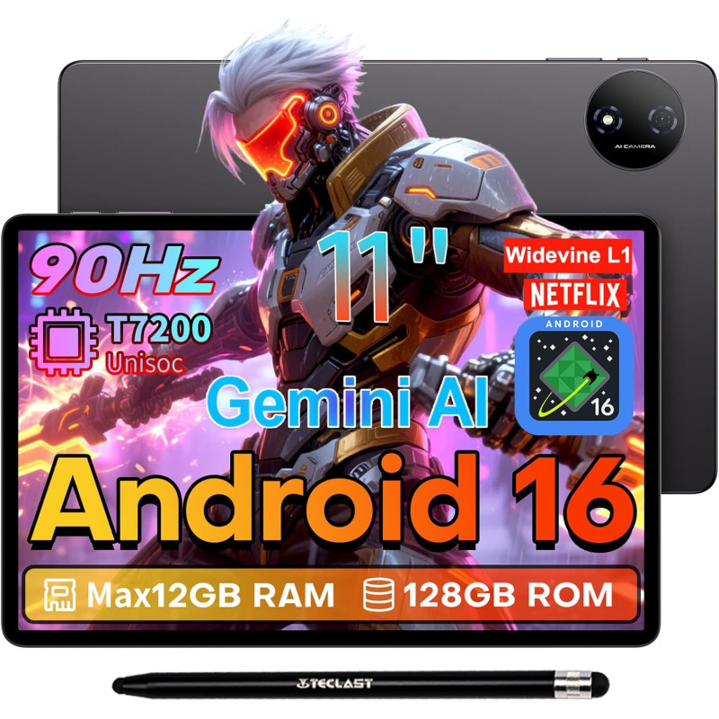 TECLAST P50T Android 16 Tablette 11 Pouces Gemini AI, 90Hz Écran, 2.0GHz Octa Core, 2.4G+5G WiFi, 7000mAh, 12Go RAM+128Go ROM(TF