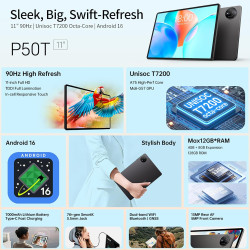 TECLAST P50T Android 16 Tablette 11 Pouces Gemini AI, 90Hz Écran, 2.0GHz Octa Core, 2.4G+5G WiFi, 7000mAh, 12Go RAM+128Go ROM(TF