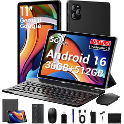 Android 16 Tablette 11 Pouces avec 36Go RAM+512Go ROM(2To TF), Octa-Core, 8000 mAh, 8MP+13MP, 5G WiFi/BT 5.0/GPS/Widevine L1/Gem