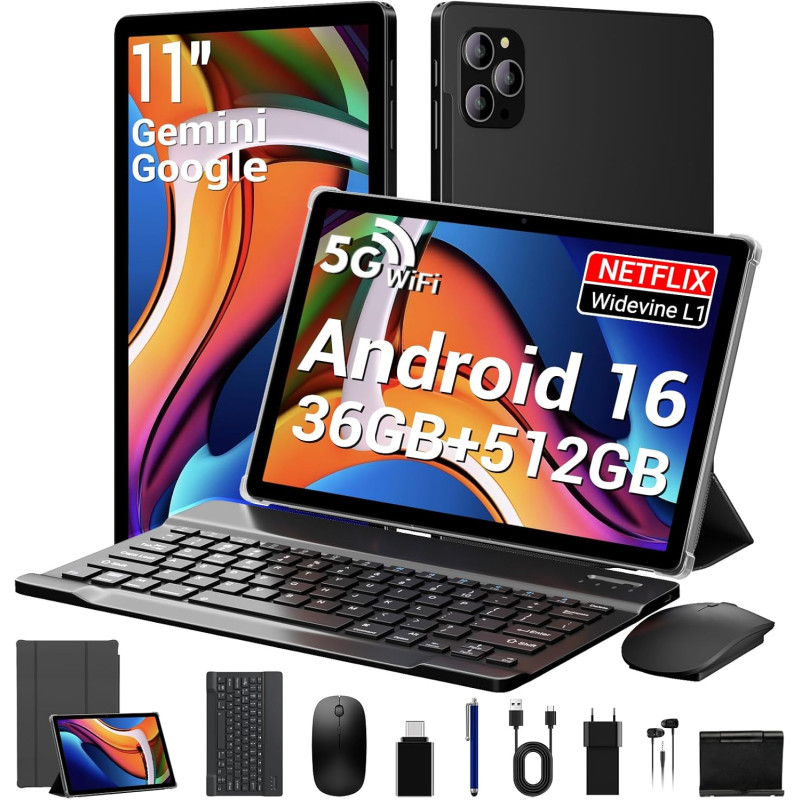 Android 16 Tablette 11 Pouces avec 36Go RAM+512Go ROM(2To TF), Octa-Core, 8000 mAh, 8MP+13MP, 5G WiFi/BT 5.0/GPS/Widevine L1/Gem