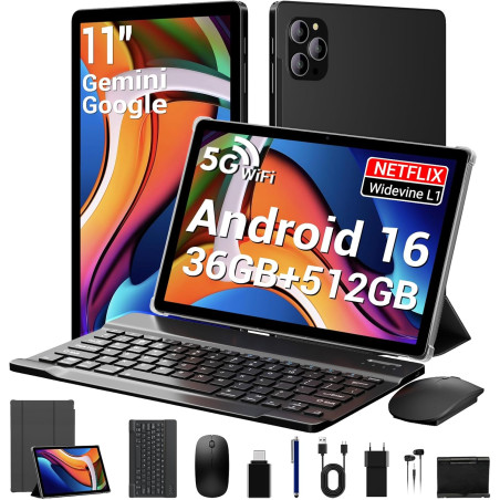 Android 16 Tablette 11 Pouces avec 36Go RAM+512Go ROM(2To TF), Octa-Core, 8000 mAh, 8MP+13MP, 5G WiFi/BT 5.0/GPS/Widevine L1/Gem