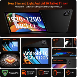 Android 16 Tablette 11 Pouces avec 36Go RAM+512Go ROM(2To TF), Octa-Core, 8000 mAh, 8MP+13MP, 5G WiFi/BT 5.0/GPS/Widevine L1/Gem