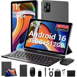 Android 16 Tablette 11 Pouces avec 36Go RAM+512Go ROM(2To TF), Octa-Core, 8000 mAh, 8MP+13MP, 5G WiFi/BT 5.0/GPS/Widevine L1/Gem