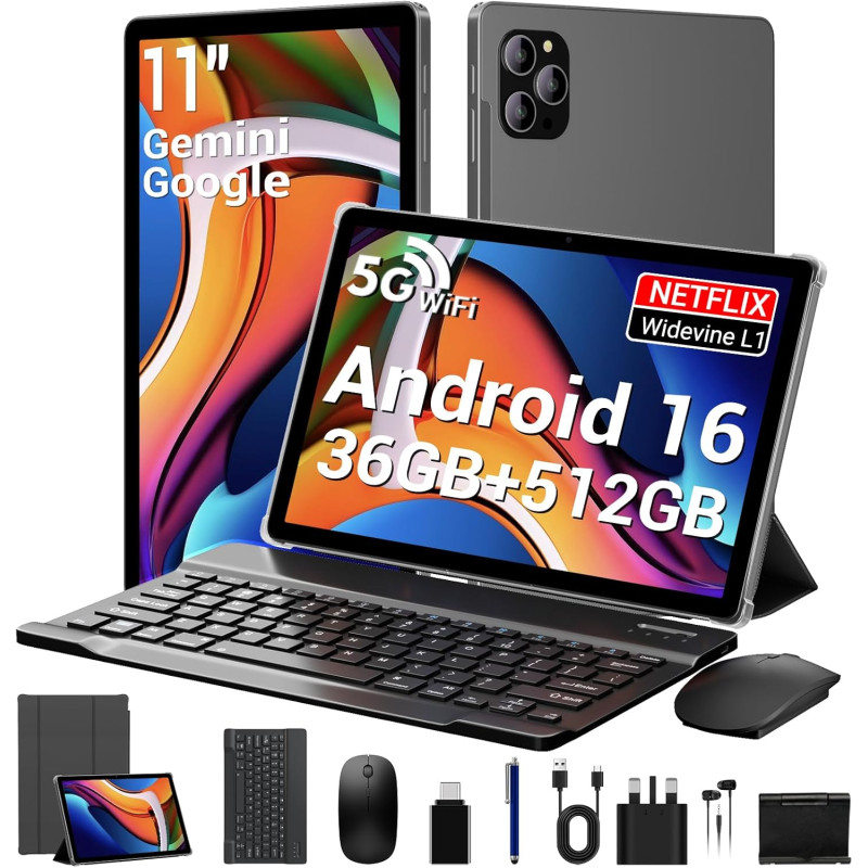 Android 16 Tablette 11 Pouces avec 36Go RAM+512Go ROM(2To TF), Octa-Core, 8000 mAh, 8MP+13MP, 5G WiFi/BT 5.0/GPS/Widevine L1/Gem