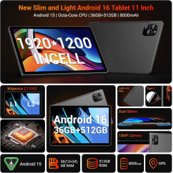 Android 16 Tablette 11 Pouces avec 36Go RAM+512Go ROM(2To TF), Octa-Core, 8000 mAh, 8MP+13MP, 5G WiFi/BT 5.0/GPS/Widevine L1/Gem