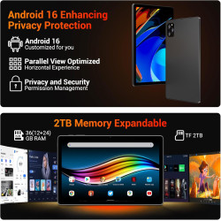 Android 16 Tablette 11 Pouces avec 36Go RAM+512Go ROM(2To TF), Octa-Core, 8000 mAh, 8MP+13MP, 5G WiFi/BT 5.0/GPS/Widevine L1/Gem