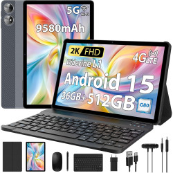 2k tablette 11 pouces, 36gb ram+512gb rom (2tb tf), android 15, 4g sim lte+5g wifi, octa-core, 2000 * 1200, 9580mah, 13mp+8mp, w