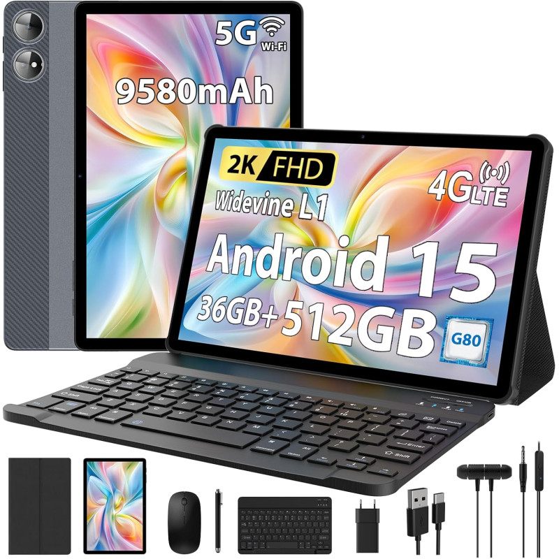 2k tablette 11 pouces, 36gb ram+512gb rom (2tb tf), android 15, 4g sim lte+5g wifi, octa-core, 2000 * 1200, 9580mah, 13mp+8mp, w