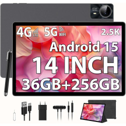 2.5k android 15 tablette 14 pouces, 4g lte/5g wifi, incell 2240 x1400, 11580mah, 36gb ram+256gb rom (extension 2tb), octa-core, 