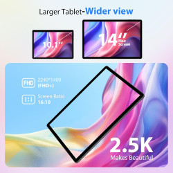 2.5k android 15 tablette 14 pouces, 4g lte/5g wifi, incell 2240 x1400, 11580mah, 36gb ram+256gb rom (extension 2tb), octa-core, 