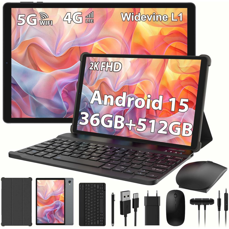 2K Android 15 Tablette, 36GB RAM+512GB ROM (2TB TF), 4G LTE+5G WiFi, Tablet 10,6 Pouces, Octa-Core, 2000 * 1200FHD, 8000mAh, 13M